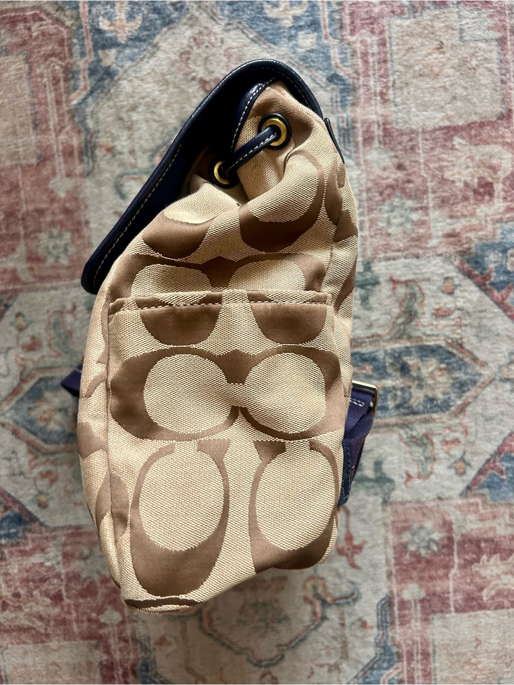 Coach Signature Backpack Gold Hardware Tan w Navy Trim Two Tags Charms Canvas - Picture 6 of 15